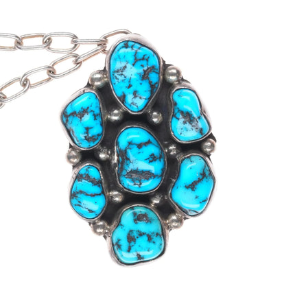 Vintage Navajo sterling silver Kingman turquoise cluster pendant w/necklace