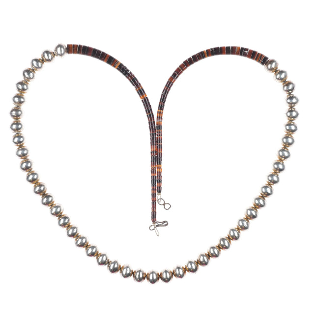 28" Vintage Navajo pearl/Kewa shell beaded heishi necklace sterling silver