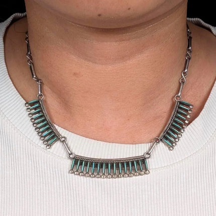 16" Locaspino Zuni sterling silver needlepoint turquoise bib/choker necklace