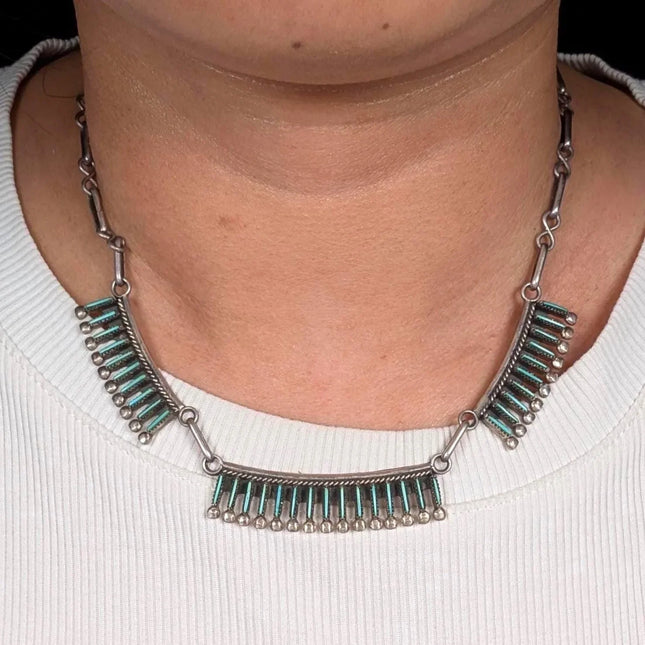 16" Locaspino Zuni sterling silver needlepoint turquoise bib/choker necklace