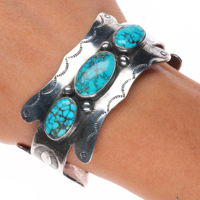 6.5" 40's-50's Navajo sterling silver spiderweb turquoise arrow cuff bracelet