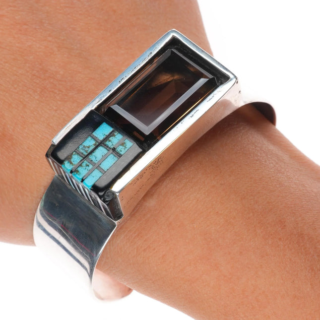 6.3" Danny Romero Yaqui - Smoky quartz, turquoise sterling silver cuff bracelet