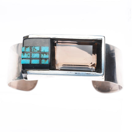 6.3" Danny Romero Yaqui - Smoky quartz, turquoise sterling silver cuff bracelet