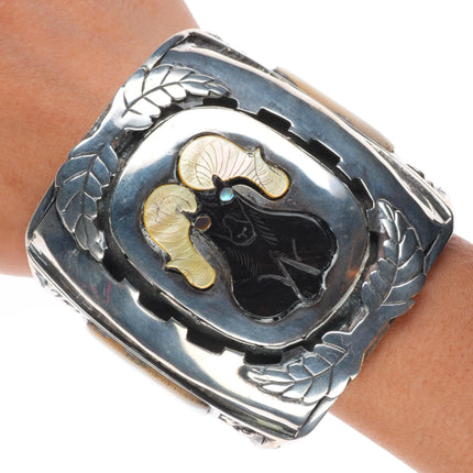 7.5" Huge J Quam Zuni Vintage Bighorn Sheep sterling silver inlay cuff bracelet