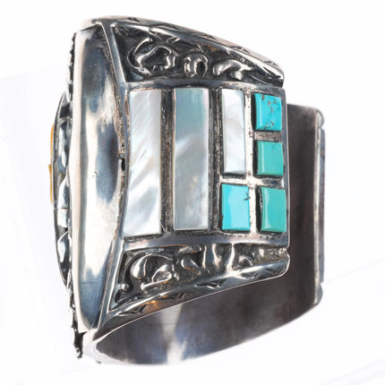 7.5" Huge J Quam Zuni Vintage Bighorn Sheep sterling silver inlay cuff bracelet