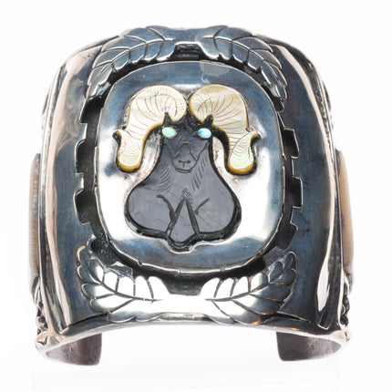 7.5" Huge J Quam Zuni Vintage Bighorn Sheep sterling silver inlay cuff bracelet