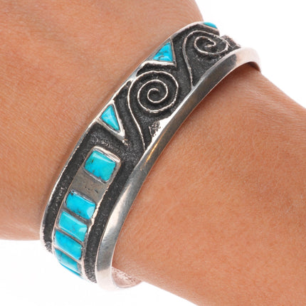 6" Preston Monongye Hopi Tufa Cast sterling silver turquoise inlay cuff bracelet