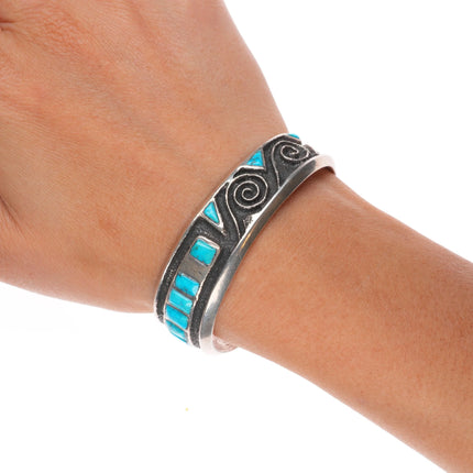 6" Preston Monongye Hopi Tufa Cast sterling silver turquoise inlay cuff bracelet