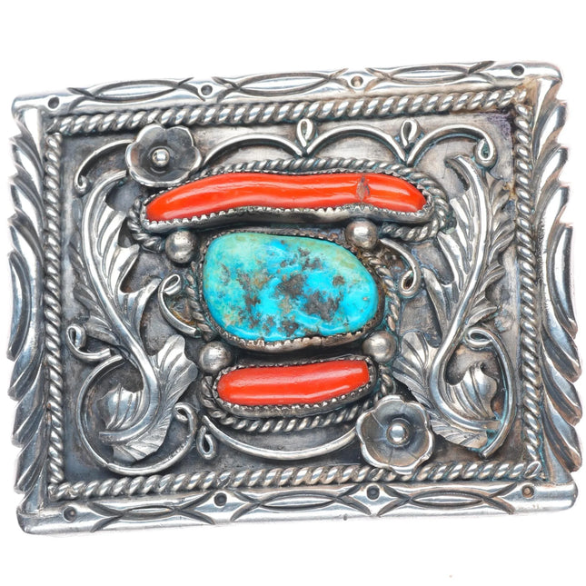 Heavy vintage Navajo JJ Sterling silver, turquoise, branch coral belt buckle