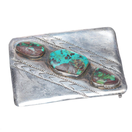 crude c1950's Navajo sterling silver 3 stone turquoise belt buckle