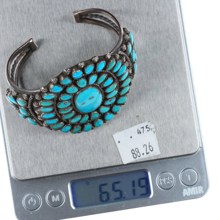 6.5" c1950 Vintage natural turquoise Zuni sterling silver cluster cuff bracelet