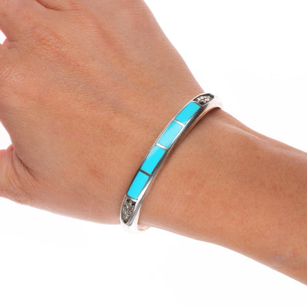 6.15" Vintage Navajo sterling silver channel inlay turquoise cuff bracelet
