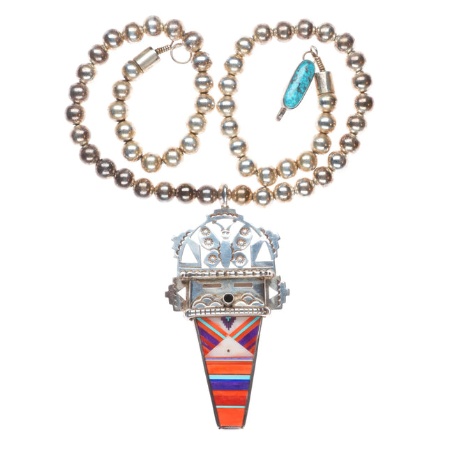 Michael Horse-Yaqui Sterling silver inlay Kachina pendant beaded necklace