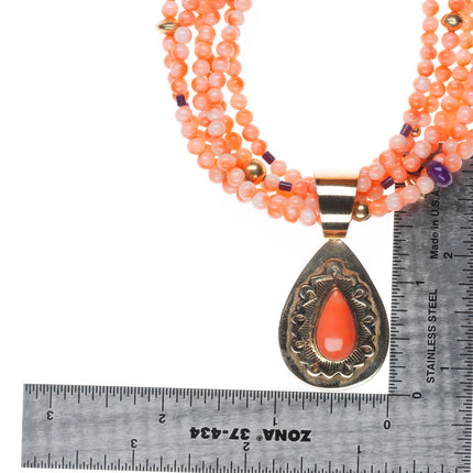Herman Vandever Navajo 14k gold coral/sugilte beaded necklace/pendant