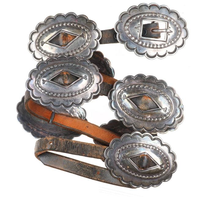 Vintage RCH Navajo first phase style sterling silver heavily stamped concho belt