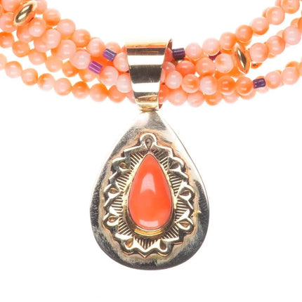 Herman Vandever Navajo 14k gold coral/sugilte beaded necklace/pendant