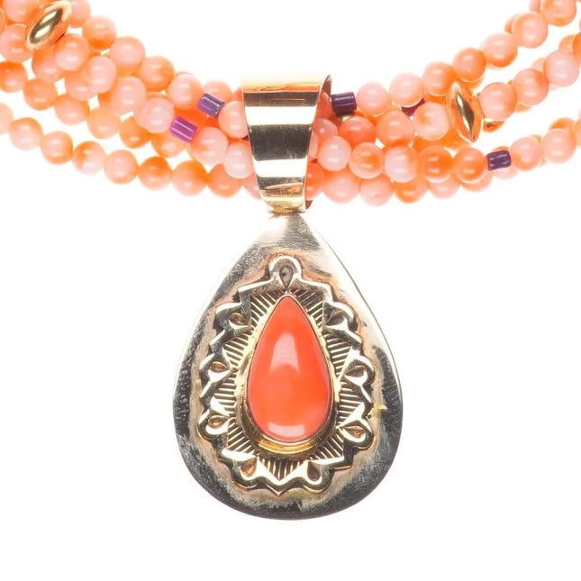 Herman Vandever Navajo 14k gold coral/sugilte beaded necklace/pendant
