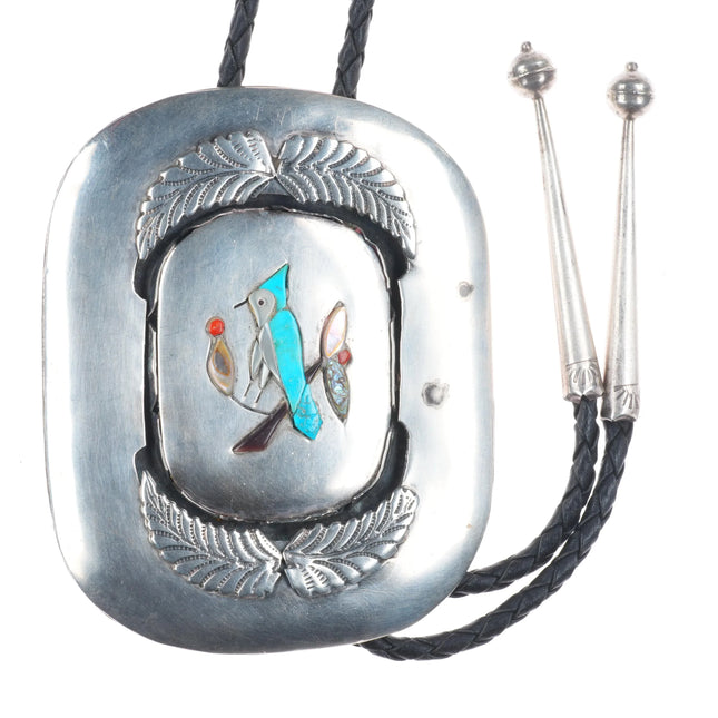 c1970 Big J Quam Zuni Native American sterling silver bluebird inlay bolo tie