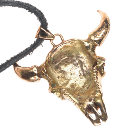 Michael Horse-Yaqui 14k gold, corn row turquoise/coral bull skull pendant