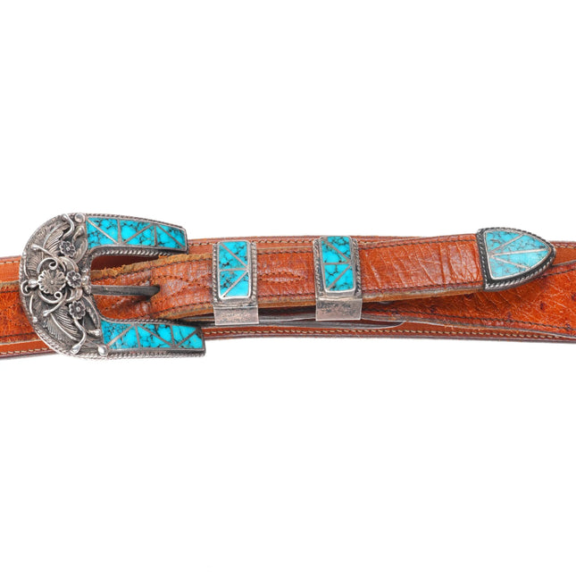 Vintage Navajo sterling silver spiderweb turquoise inlay ranger belt buckle set