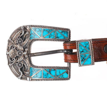 Vintage Navajo sterling silver spiderweb turquoise inlay ranger belt buckle set