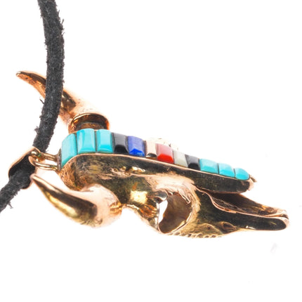 Michael Horse-Yaqui 14k gold, corn row turquoise/coral bull skull pendant