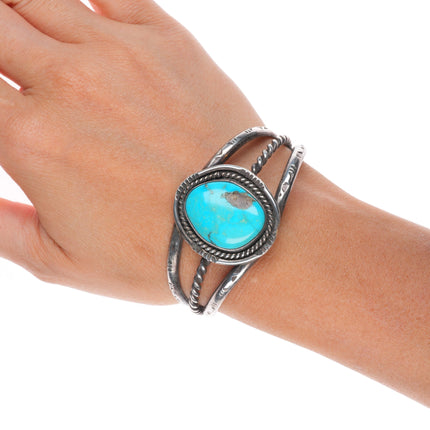 6.5" Vintage Navajo sterling silver 1 stone twisted wire bezel cuff bracelet