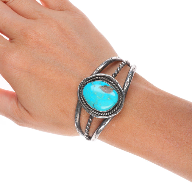 6.5" Vintage Navajo sterling silver 1 stone twisted wire bezel cuff bracelet