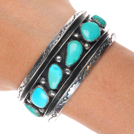 6.4" Vintage Navajo sterling silver freeform turquoise row cuff bracelet
