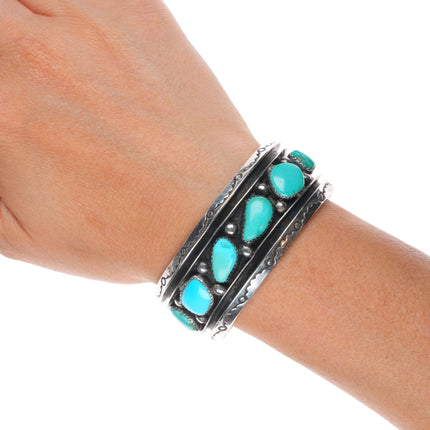6.4" Vintage Navajo sterling silver freeform turquoise row cuff bracelet