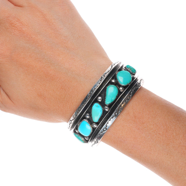 6.4" Vintage Navajo sterling silver freeform turquoise row cuff bracelet