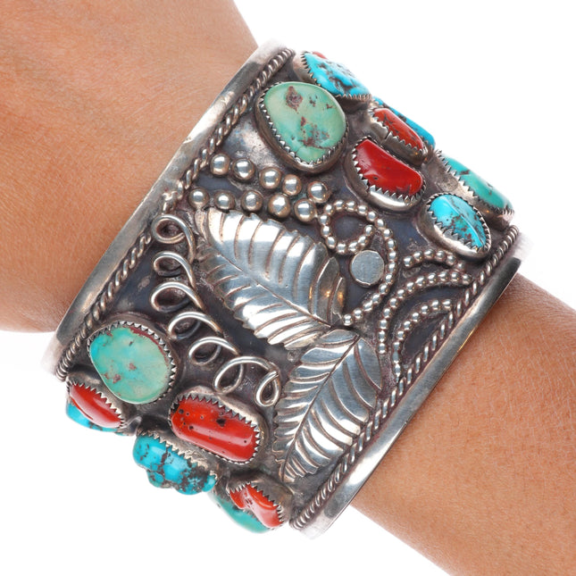 7.2" Jerry Roan Navajo Big Vintage sterling silver turquoise/coral cuff bracelet