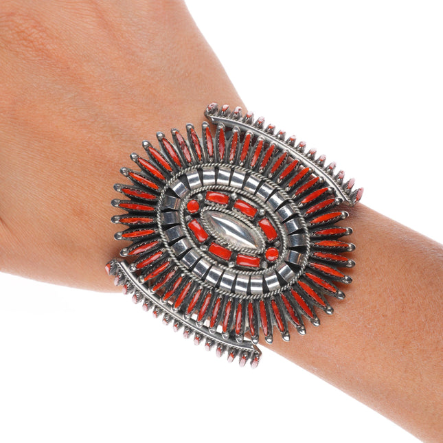 6.6" Vintage Zuni sterling silver Mediterranean coral needlepoint cuff bracelet