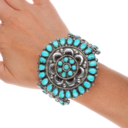 6.75" 1950s Ondelacy family Zuni sterling silver turquoise cluster cuff bracelet