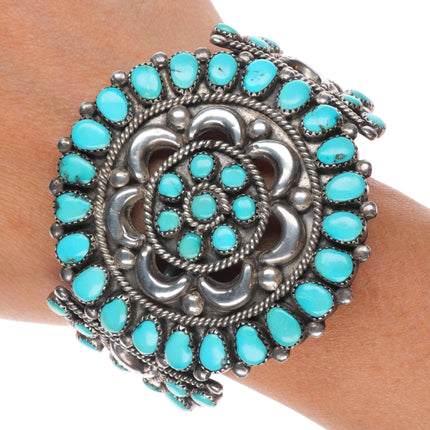 6.75" 1950s Ondelacy family Zuni sterling silver turquoise cluster cuff bracelet