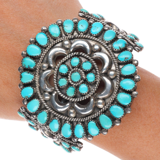 6.75" 1950s Ondelacy family Zuni sterling silver turquoise cluster cuff bracelet