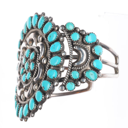 6.75" 1950s Ondelacy family Zuni sterling silver turquoise cluster cuff bracelet