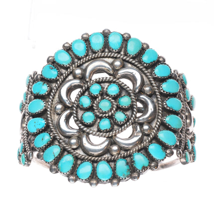 6.75" 1950s Ondelacy family Zuni sterling silver turquoise cluster cuff bracelet