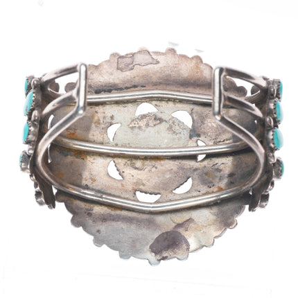 6.75" 1950s Ondelacy family Zuni sterling silver turquoise cluster cuff bracelet