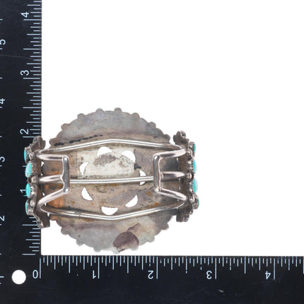 6.75" 1950s Ondelacy family Zuni sterling silver turquoise cluster cuff bracelet