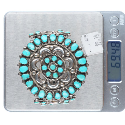 6.75" 1950s Ondelacy family Zuni sterling silver turquoise cluster cuff bracelet