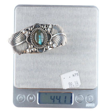 6.6" Vintage Labradorite Navajo sterling silver T feather design cuff bracelet