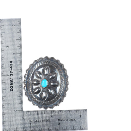 1940's Navajo sterling silver concho pin with turquoise nice stampings/repousse