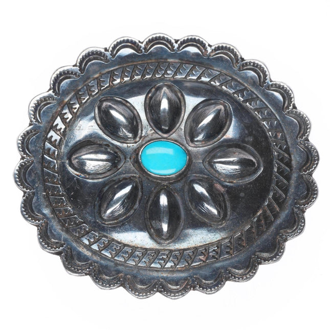 1940's Navajo sterling silver concho pin with turquoise nice stampings/repousse