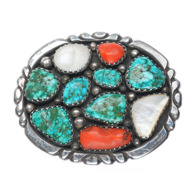 Vintage Navajo sterling silver waterweb turquoise, coral, shell belt buckle