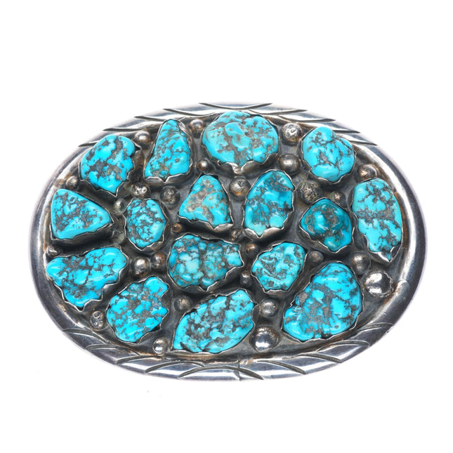 Vintage S Jon Navajo sterling silver spiderweb turquoise nugget belt buckle