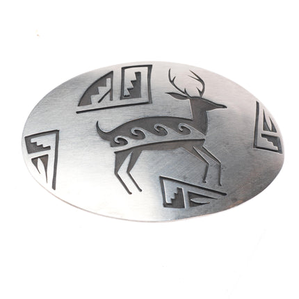 Vintage Navajo overlay sterling silver belt buckle with deer overlay b