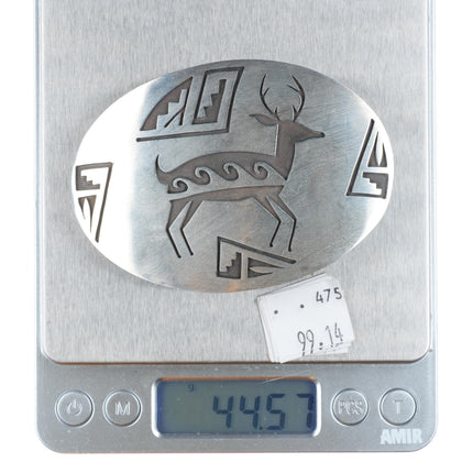 Vintage Navajo overlay sterling silver belt buckle with deer overlay b