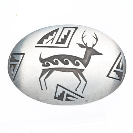 Vintage Navajo overlay sterling silver belt buckle with deer overlay b