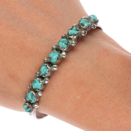 6.6" c1950's Zuni sterling silver carved turquoise row cuff bracelet